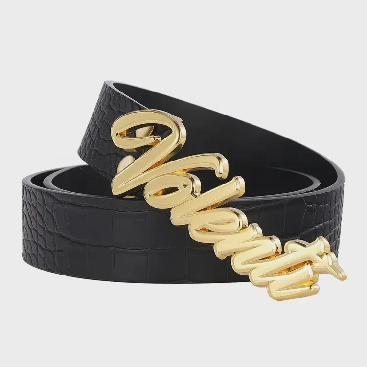 Fashion black leather belt with gold buckle